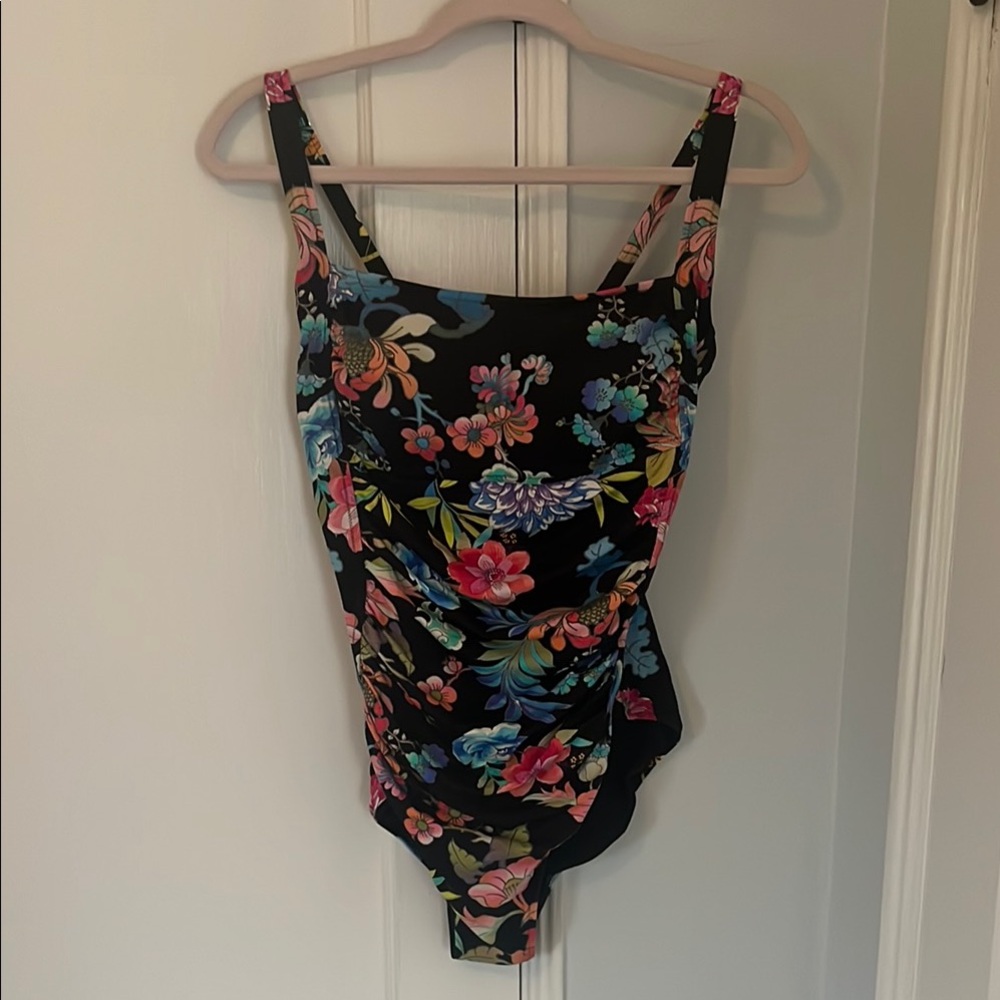 Johnny Was Black and Pink Floral One Piece Swimsuit